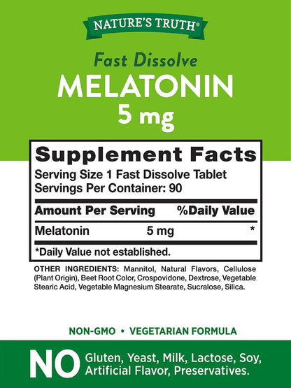 Nature's Truth Melatonin 5 mg | 180 Fast Dissolve Tabletten (2 x 90er-Pack) | Natürlicher Beerengeschmack | Vegetarisch, Nicht-GVO, Glutenfrei