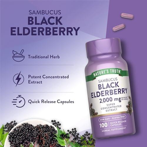 Nature's Truth Schwarzer Holunder Kapseln | 100 Stück | Superkonzentrierter Sambucus Extrakt | Non-GMO und Glutenfrei