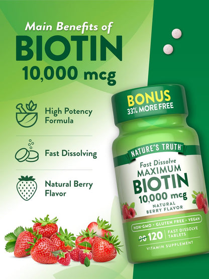 Nature's Truth Biotin 10000 mcg | 120 schnell lösliche Tabletten | Maximale Stärke | Natürlicher Beerengeschmack | Vegan, Non-GMO & Glutenfrei