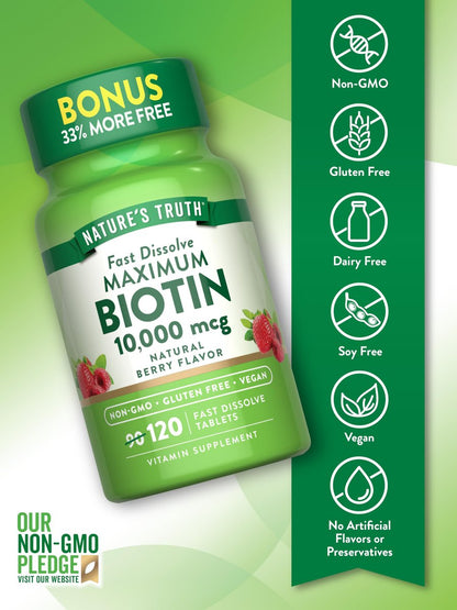 Nature's Truth Biotin 10000 mcg | 120 schnell lösliche Tabletten | Maximale Stärke | Natürlicher Beerengeschmack | Vegan, Non-GMO & Glutenfrei