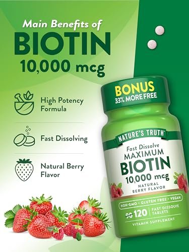 Nature's Truth Biotin 10000 mcg | 120 schnell lösliche Tabletten | Maximale Stärke | Natürlicher Beerengeschmack | Vegan, Non-GMO & Glutenfrei