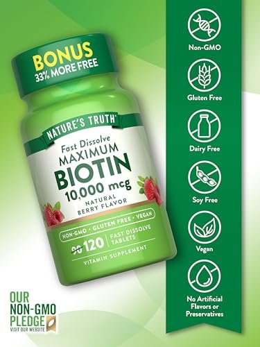 Nature's Truth Biotin 10000 mcg | 120 schnell lösliche Tabletten | Maximale Stärke | Natürlicher Beerengeschmack | Vegan, Non-GMO & Glutenfrei