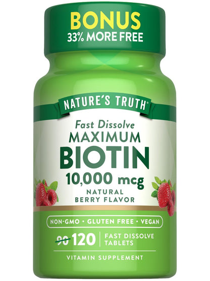 Nature's Truth Biotin 10000 mcg | 120 schnell lösliche Tabletten | Maximale Stärke | Natürlicher Beerengeschmack | Vegan, Non-GMO & Glutenfrei
