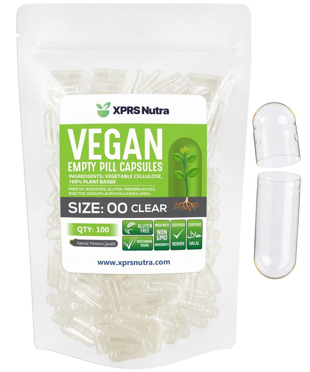 XPRS Nutra Leere Kapseln Größe 00 - 100 Stück Klare vegane Kapseln - Vegetarische Pillen - DIY Kapselbefüllung