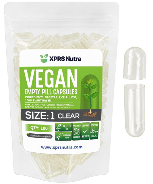 XPRS Nutra Größe 1 Leere Kapseln - 100 Stück Klare Leere Vegane Kapseln - Vegetarische Pillen - DIY Gemüsekapsel Befüllung - Veggie Pill Caps für Selbstgemachte Nahrungsergänzungsmittel