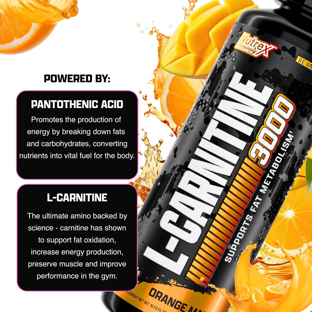 Nutrex Research Liquid Carnitine 3000 | Orange Mango | Stimulanzienfrei | 31 Portionen 473 ml