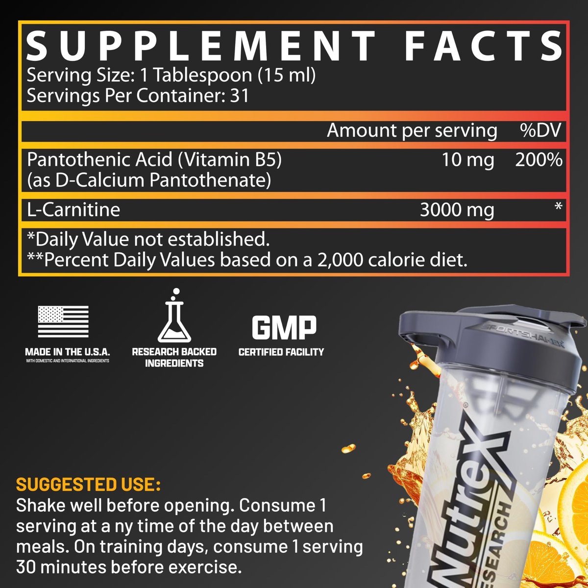 Nutrex Research Liquid Carnitine 3000 | Orange Mango | Stimulanzienfrei | 31 Portionen 473 ml