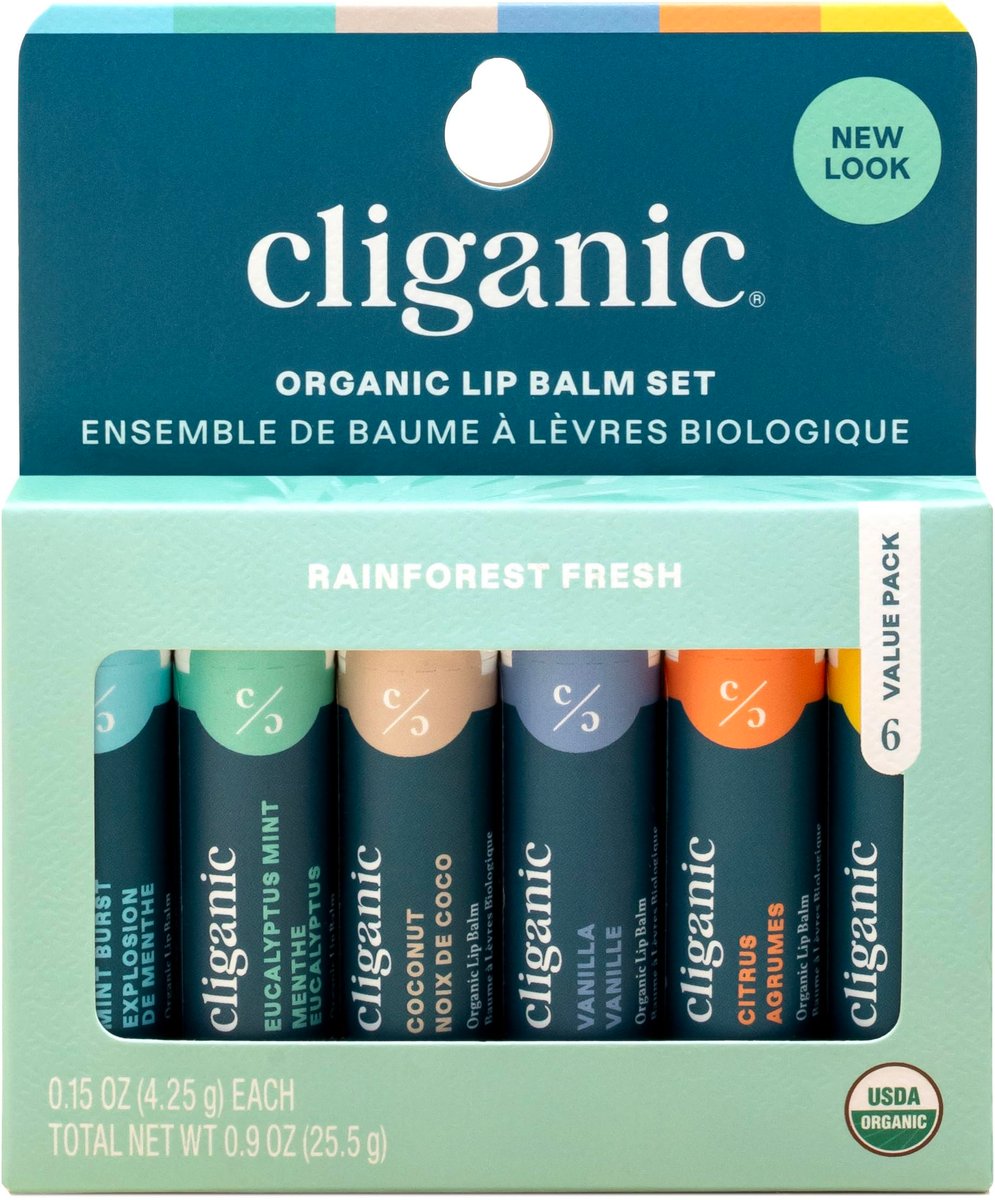 Cliganic Organicher Lippenbalsam-Set (6 Geschmacksrichtungen) - 100% natürliche Feuchtigkeitspflege für trockene, rissige Lippen - Geschenk für Männer & Frauen