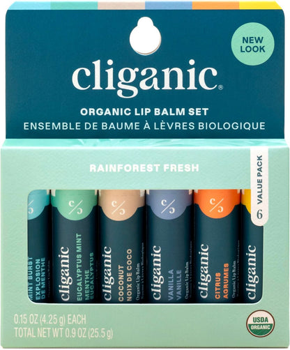 Cliganic Organicher Lippenbalsam-Set (6 Geschmacksrichtungen) - 100% natürliche Feuchtigkeitspflege für trockene, rissige Lippen - Geschenk für Männer & Frauen