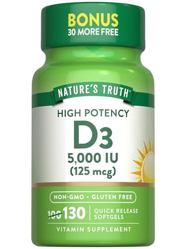 Nature's Truth Vitamin D3 5000 IE Weichkapseln | 130 Stück | Hochdosiert | Non-GMO & Glutenfrei