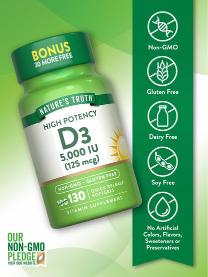 Nature's Truth Vitamin D3 5000 IE Weichkapseln | 130 Stück | Hochdosiert | Non-GMO & Glutenfrei