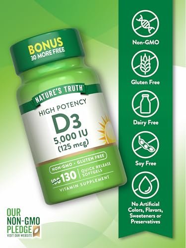 Nature's Truth Vitamin D3 5000 IE Weichkapseln | 130 Stück | Hochdosiert | Non-GMO & Glutenfrei