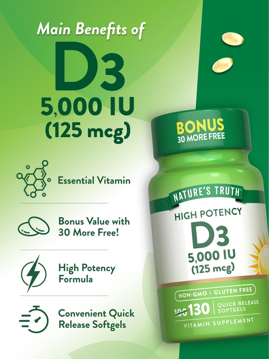 Nature's Truth Vitamin D3 5000 IE Weichkapseln | 130 Stück | Hochdosiert | Non-GMO & Glutenfrei