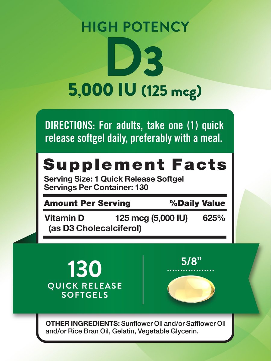 Nature's Truth Vitamin D3 5000 IE Weichkapseln | 130 Stück | Hochdosiert | Non-GMO & Glutenfrei
