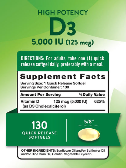 Nature's Truth Vitamin D3 5000 IE Weichkapseln | 130 Stück | Hochdosiert | Non-GMO & Glutenfrei