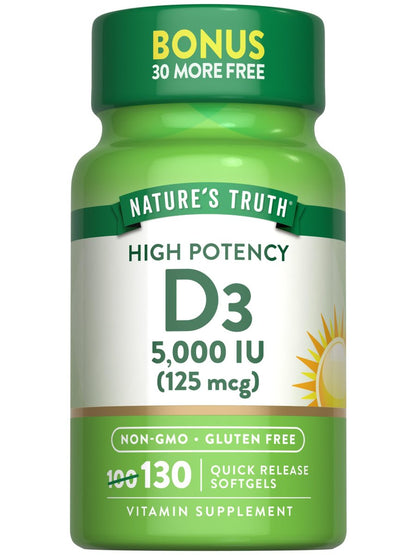 Nature's Truth Vitamin D3 5000 IE Weichkapseln | 130 Stück | Hochdosiert | Non-GMO & Glutenfrei