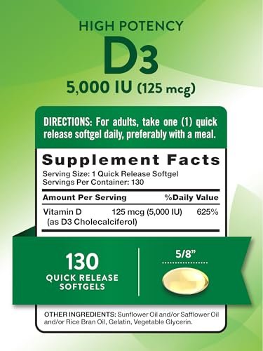 Nature's Truth Vitamin D3 5000 IE Weichkapseln | 130 Stück | Hochdosiert | Non-GMO & Glutenfrei