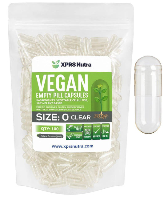 XPRS Nutra Größe 0 Leere Kapseln – 100 Stück Klare Vegane Kapseln – Vegetarische Pillen – DIY-Kapselbefüllung für selbstgemachte Nahrungsergänzungsmittel