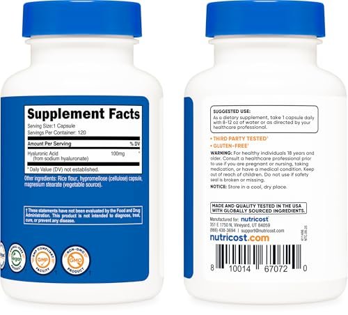 Nutricost Hyaluronsäure Kapseln 100mg, 120 vegane Kapseln - Glutenfrei, Nicht-GVO