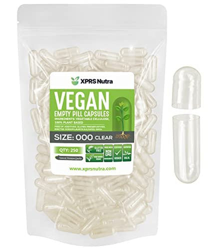 XPRS Nutra Vegan Kapseln Größe 000 Leer - 250 Stück Klare Leere Vegane Kapseln - Vegetarische Pillen - DIY Gemüse Kapselbefüllung - Veggie Pill Kapseln