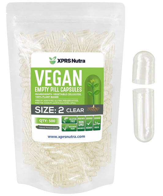 XPRS Nutra Größe 2 Leere Kapseln - 500 Stück Klare Leere Vegane Kapseln - Vegetarische Pillen - DIY-Kapselbefüllung für Nahrungsergänzungsmittel und Vitamine