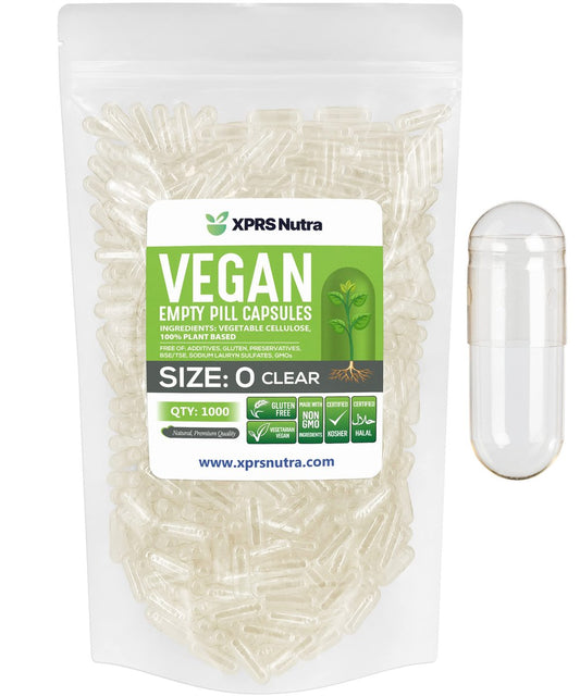 XPRS Nutra Größe 0 Leere Kapseln – 1000 Stück klare vegane Kapseln – pflanzliche Pillen – DIY-Kapselbefüllung – Veggie-Kapseln für selbstgemachte Nahrungsergänzungsmittel