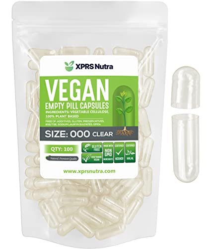 XPRS Nutra Vegan Leere Kapseln Größe 000 - 100 Stück Klare Leere Vegane Kapseln - Vegetarische Pillen - DIY Gemüsekapsel Befüllung - Veggie Caps Pillen