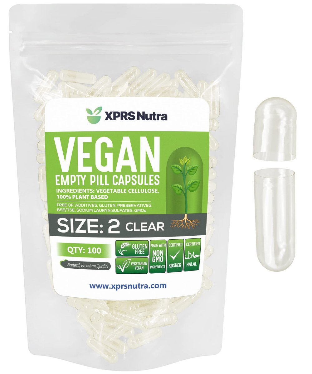 XPRS Nutra Größe 2 Leere Kapseln - 100 klare leere vegane Kapseln - Vegetarische Pillen - DIY pflanzliche Kapseln zur Selbstbefüllung