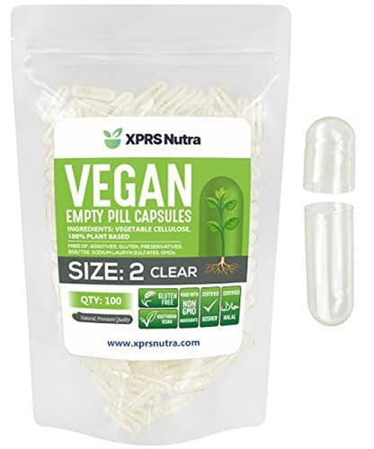 XPRS Nutra Größe 2 Leere Kapseln - 100 klare leere vegane Kapseln - Vegetarische Pillen - DIY pflanzliche Kapseln zur Selbstbefüllung