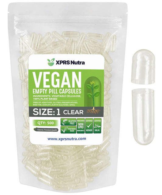 XPRS Nutra Größe 1 Leere Kapseln - 500 Stück Klare Leere Vegane Kapseln - Vegetarische Pillen - DIY Gemüsekapsel Befüllung - Veggie Pill Caps für Selbstgemachte Ergänzungsmittel
