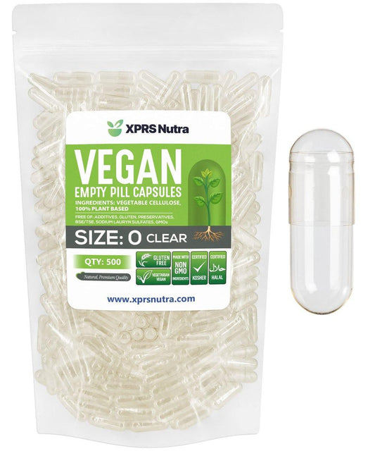 XPRS Nutra Leere Kapseln Größe 0 - 500 Stück Klare Vegane Kapseln - Vegetarische Pillen - DIY Kapselbefüllung - Pflanzliche Kapseln für Selbstgemachte Nahrungsergänzungsmittel