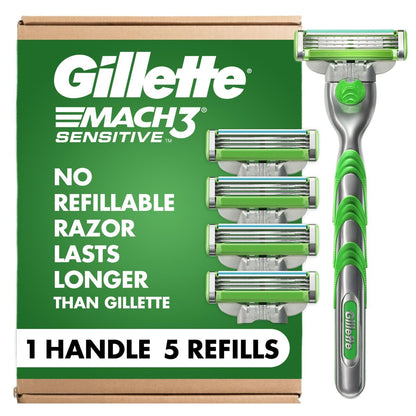 Gillette Mach3 Sensitive Rasierer für Männer, 1 Griff und 5 Klingen Nachfüllpackungen, für empfindliche Haut