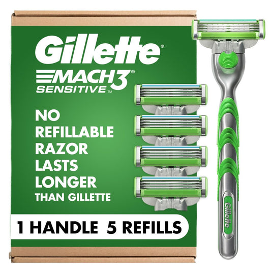 Gillette Mach3 Sensitive Rasierer für Männer, 1 Griff und 5 Klingen Nachfüllpackungen, für empfindliche Haut