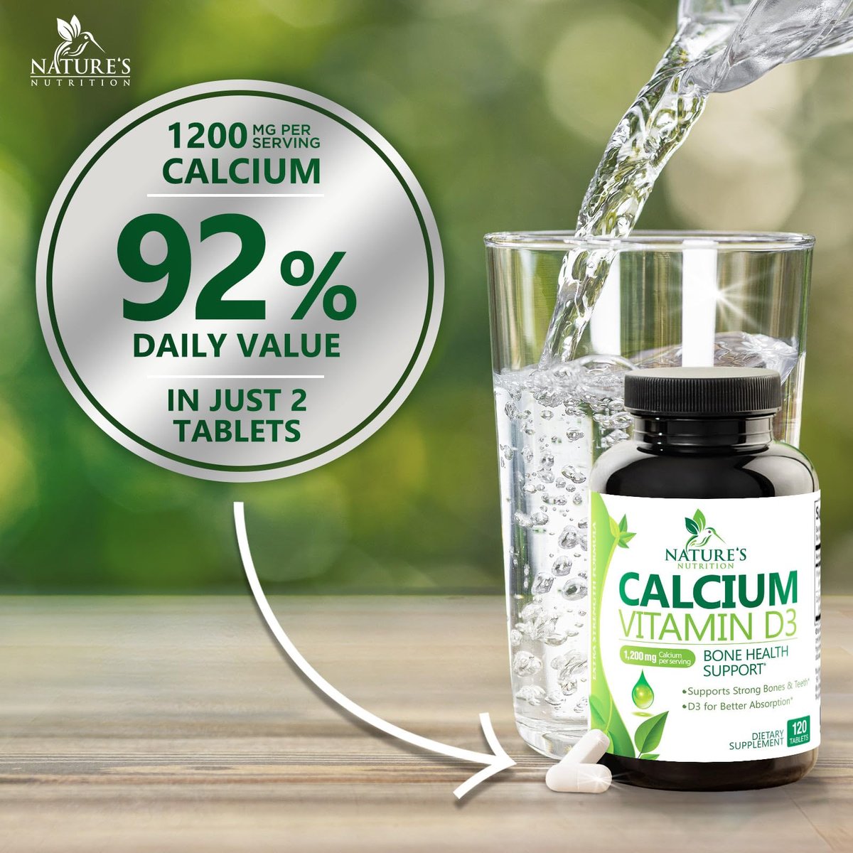 Calciumpräparat mit Vitamin D3 – 1200 mg Calcium pro Portion mit D3 für beste Absorption – Unterstützt Immunsystem, Knochen & Zähne – Nature's Calcium in den USA abgefüllt für Frauen & Männer – 120 Tabletten