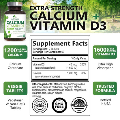 Calciumpräparat mit Vitamin D3 – 1200 mg Calcium pro Portion mit D3 für beste Absorption – Unterstützt Immunsystem, Knochen & Zähne – Nature's Calcium in den USA abgefüllt für Frauen & Männer – 120 Tabletten