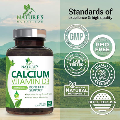 Calciumpräparat mit Vitamin D3 – 1200 mg Calcium pro Portion mit D3 für beste Absorption – Unterstützt Immunsystem, Knochen & Zähne – Nature's Calcium in den USA abgefüllt für Frauen & Männer – 120 Tabletten