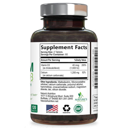 Calciumpräparat mit Vitamin D3 – 1200 mg Calcium pro Portion mit D3 für beste Absorption – Unterstützt Immunsystem, Knochen & Zähne – Nature's Calcium in den USA abgefüllt für Frauen & Männer – 120 Tabletten