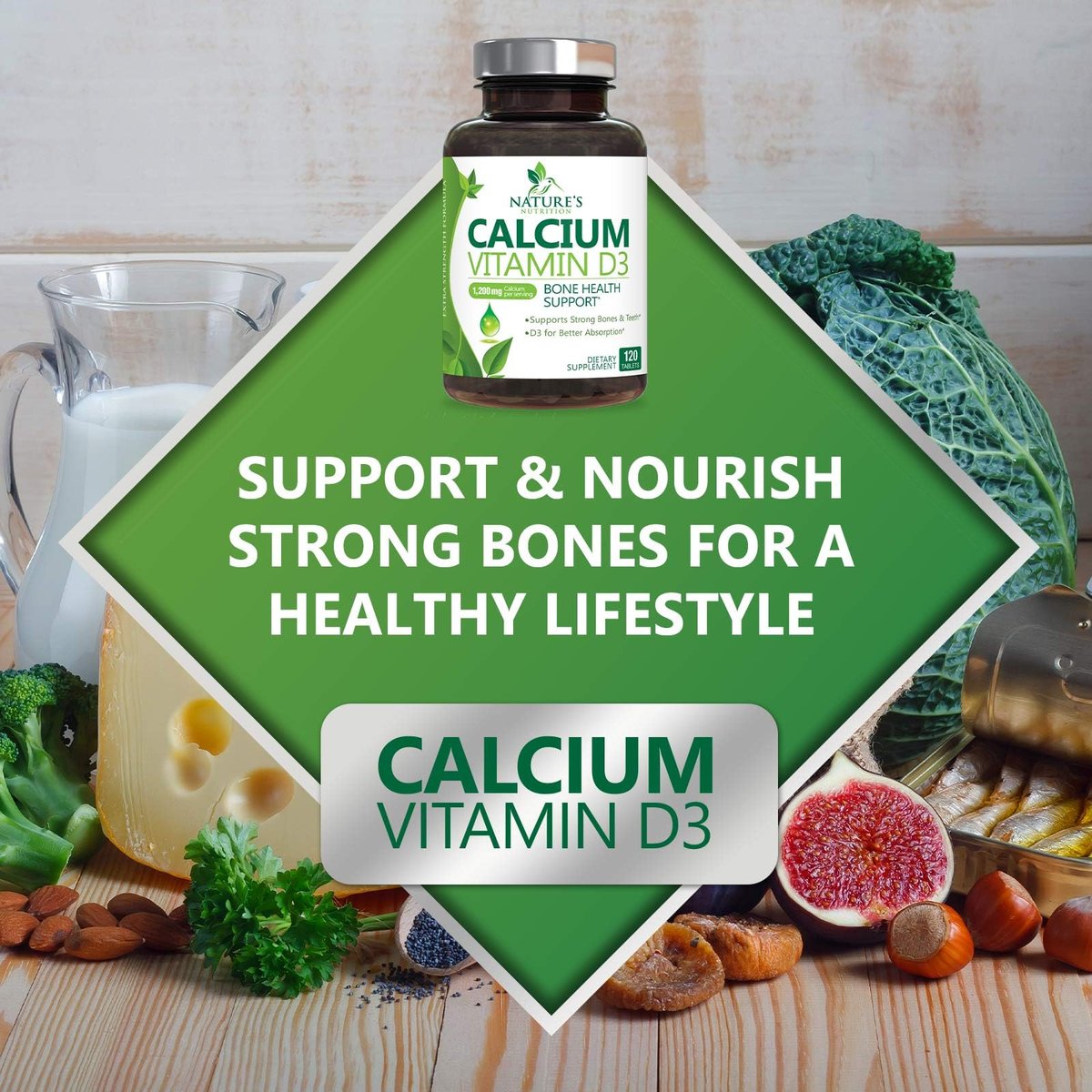 Calciumpräparat mit Vitamin D3 – 1200 mg Calcium pro Portion mit D3 für beste Absorption – Unterstützt Immunsystem, Knochen & Zähne – Nature's Calcium in den USA abgefüllt für Frauen & Männer – 120 Tabletten