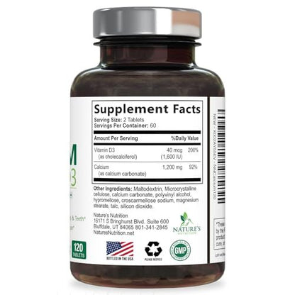 Calcium Supplement mit Vitamin D3 – 1200 mg Calcium pro Portion mit D3 für beste Absorption – Unterstützt Immunsystem, Knochen & Zähne – Nature's Calcium in den USA abgefüllt für Frauen & Männer – 180 Tabletten