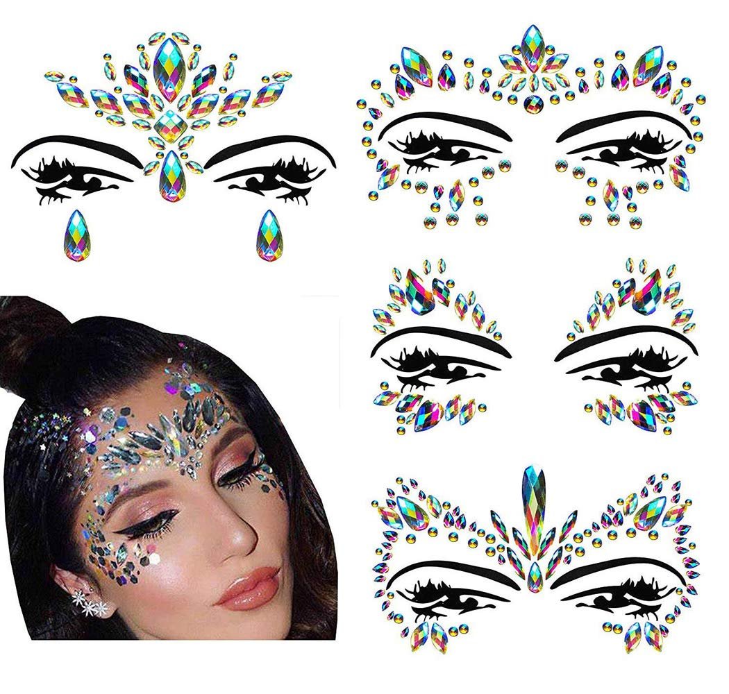 Festival-Gesichter-Glitzer-Aufkleber – Regenbogen-Gesichtsjuwelen für Karneval, Kostüme & Rave – 4er-Pack temporäre Tattoos