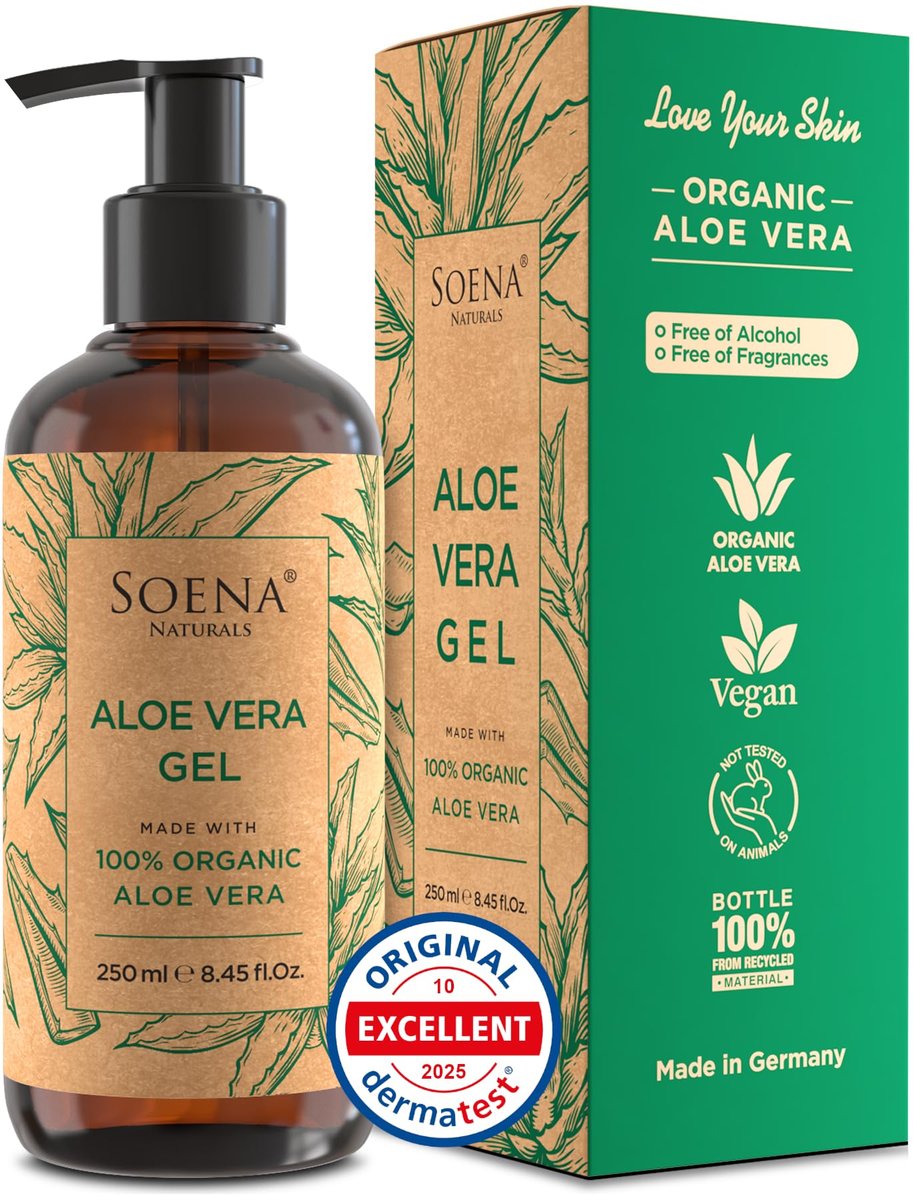 Soena Aloe Vera Gel Bio – Aus reinem Aloe-Blatt-Saft – Vegan & 100% natürlich – Ohne Duftstoffe – Zertifiziert Bio – Hergestellt in Deutschland – Feuchtigkeitspflege für Gesicht, Haut, Haare & Sonnenbrand