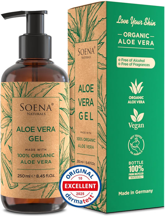 Soena Aloe Vera Gel Bio – Aus reinem Aloe-Blatt-Saft – Vegan & 100% natürlich – Ohne Duftstoffe – Zertifiziert Bio – Hergestellt in Deutschland – Feuchtigkeitspflege für Gesicht, Haut, Haare & Sonnenbrand