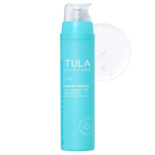 TULA Skin Care Secret Solution Pro-Glycolic 10% pH Resurfacing Toner – Gesichtstonikum zum sanften Peeling und zur Feuchtigkeitsversorgung der Haut mit präbiotischer Mischung und Glykolsäure, 80 ml