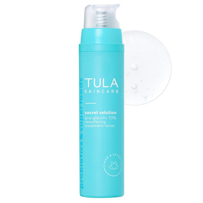 TULA Skin Care Secret Solution Pro-Glycolic 10% pH Resurfacing Toner – Gesichtstonikum zum sanften Peeling und zur Feuchtigkeitsversorgung der Haut mit präbiotischer Mischung und Glykolsäure, 80 ml