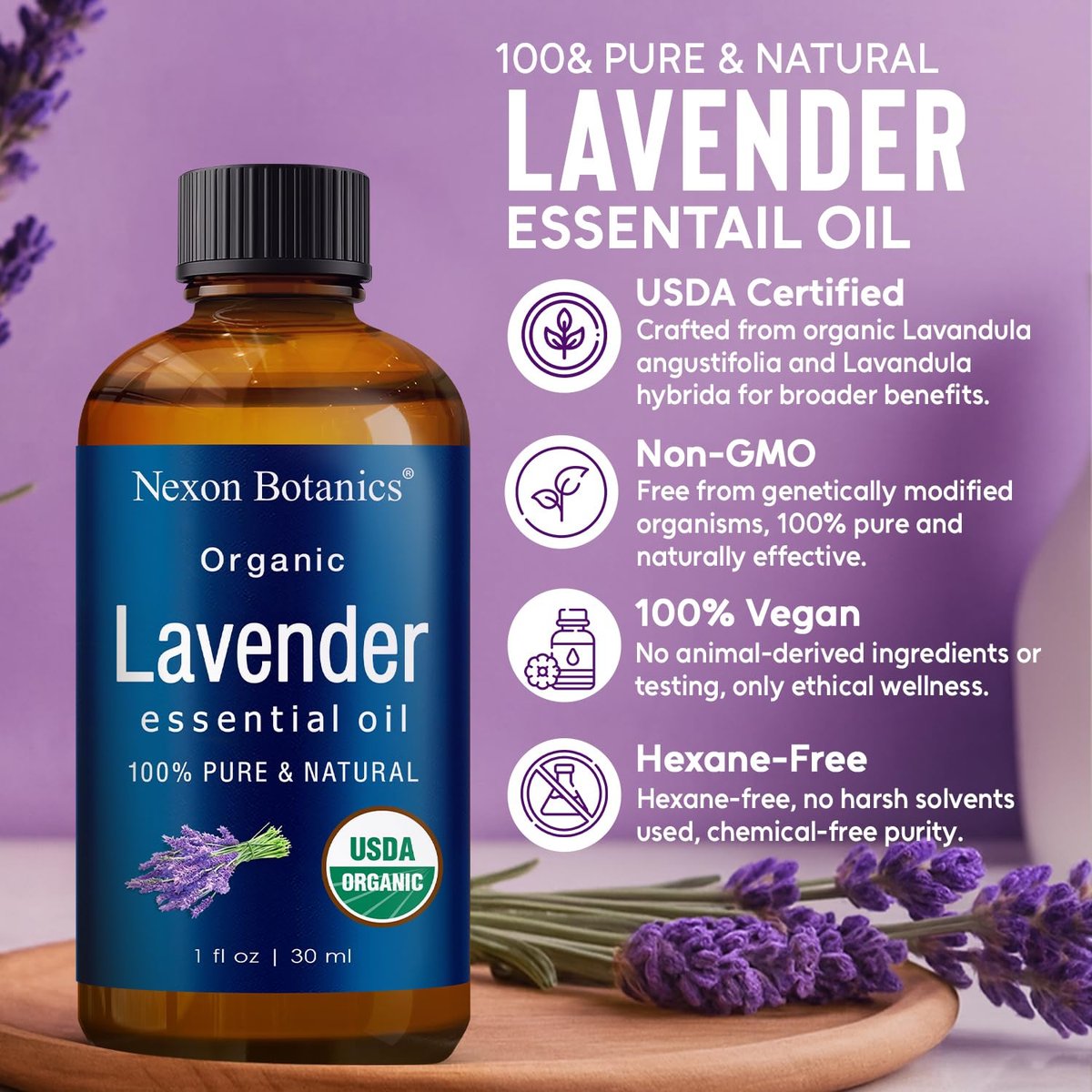 Bio-Lavendelöl 30 ml – Reines natürliches Öl für Aromatherapie, Diffuser, DIY, Kerzen- und Seifenherstellung – Nexon Botanics