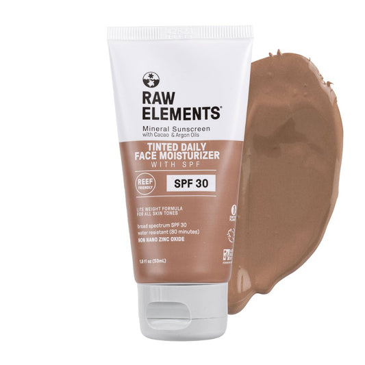 Raw Elements Tägliche Gesichtsfeuchtigkeitscreme mit getöntem Mineral-Sonnenschutz | All-natürliches nicht-nano Zinkoxid, 95% Bio, Riffischer, SPF 30, in Bio-Harz-Tube, 1,8 oz