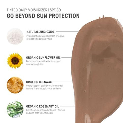 Raw Elements Tägliche Gesichtsfeuchtigkeitscreme mit getöntem Mineral-Sonnenschutz | All-natürliches nicht-nano Zinkoxid, 95% Bio, Riffischer, SPF 30, in Bio-Harz-Tube, 1,8 oz