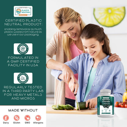 Teaveli Bio Spirulina und Chlorella Kapseln – 180 Chlorophyll Tabletten, Blaualgen Pulver Kapseln zur Unterstützung von Entgiftung, Mitochondrien & Energie – 3-fach höherer Gehalt an Spirulina/Chlorella Pulver pro Portion