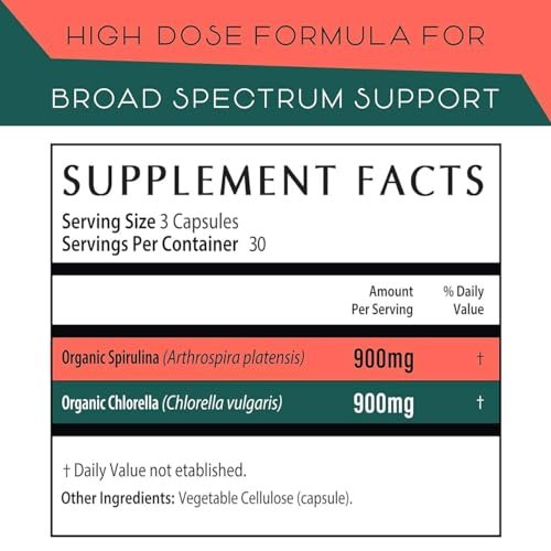 Teaveli Bio Spirulina und Chlorella Kapseln – 180 Chlorophyll Tabletten, Blaualgen Pulver Kapseln zur Unterstützung von Entgiftung, Mitochondrien & Energie – 3-fach höherer Gehalt an Spirulina/Chlorella Pulver pro Portion