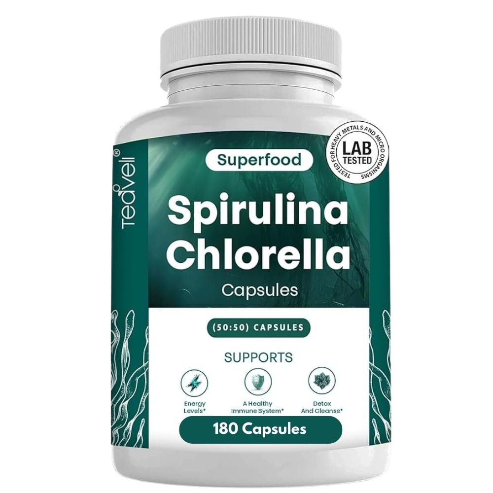 Teaveli Bio Spirulina und Chlorella Kapseln – 180 Chlorophyll Tabletten, Blaualgen Pulver Kapseln zur Unterstützung von Entgiftung, Mitochondrien & Energie – 3-fach höherer Gehalt an Spirulina/Chlorella Pulver pro Portion